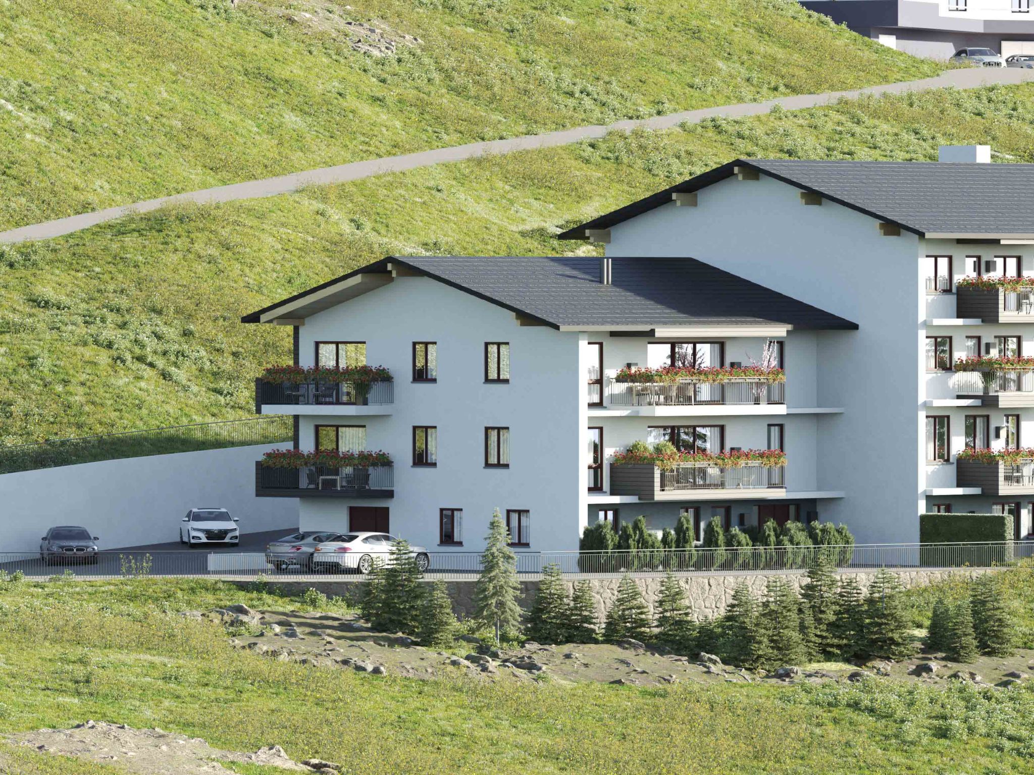 "Penthouse max.8 P.& Infinity Pool", penthouse 4-kamers 111 m2. Ruim, smaakvol ingericht: woon-/eetkamer met eettafel en Sat-TV (Flatscreen TV). 2 2-pers. kamers. 1 kamer met 1 x 2 stapelbedden, 1 2-p..