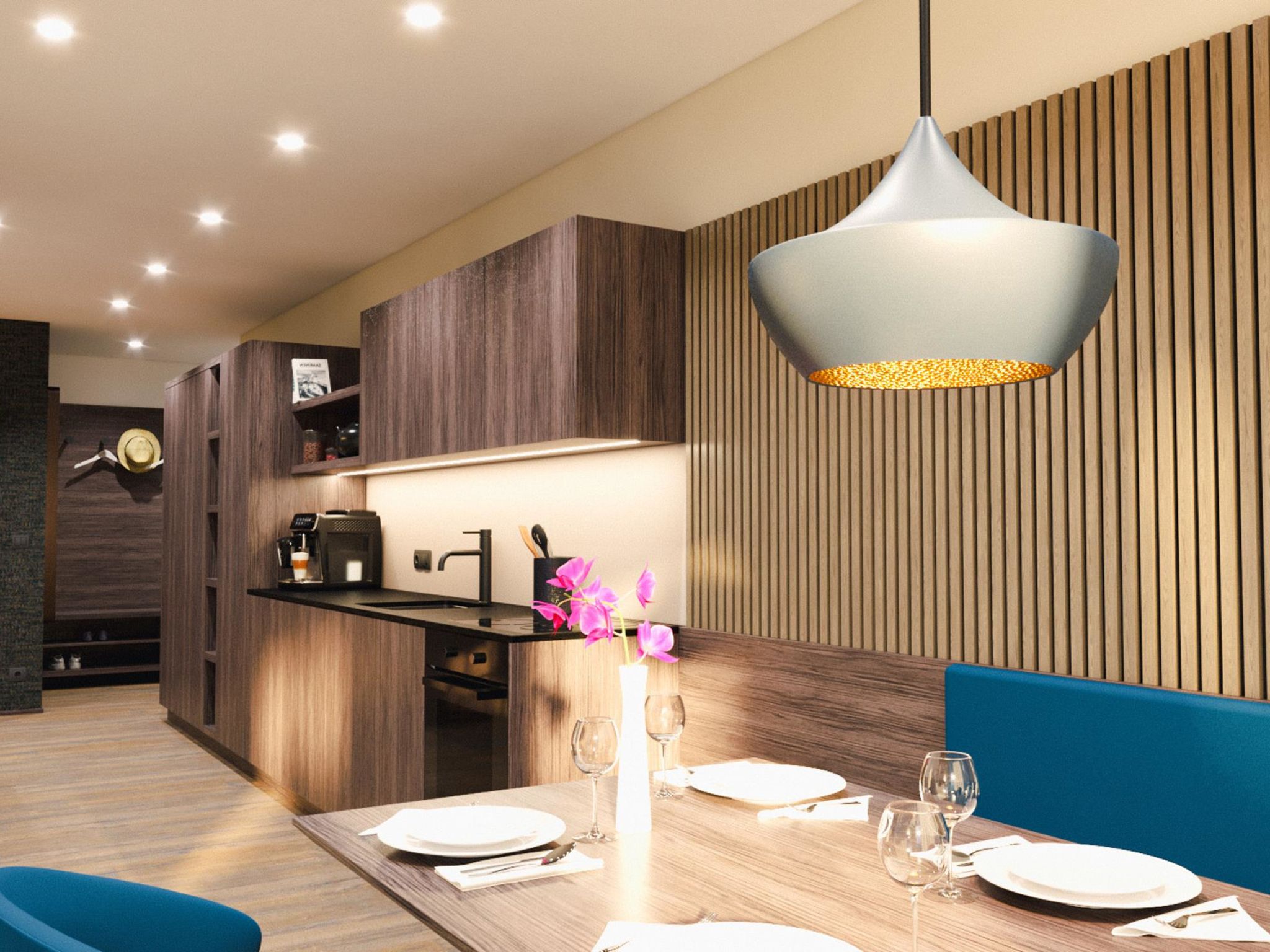 "Studio mit Balkon", appartement 1-kamer 39 m2. Licht, smaakvol en gezellig ingericht: woon-/slaapkamer met 1 2-pers bed. Woon-/eetkamer met 1 2-pers divanbed, eettafel en Sat-TV (Flatscreen TV). Open..