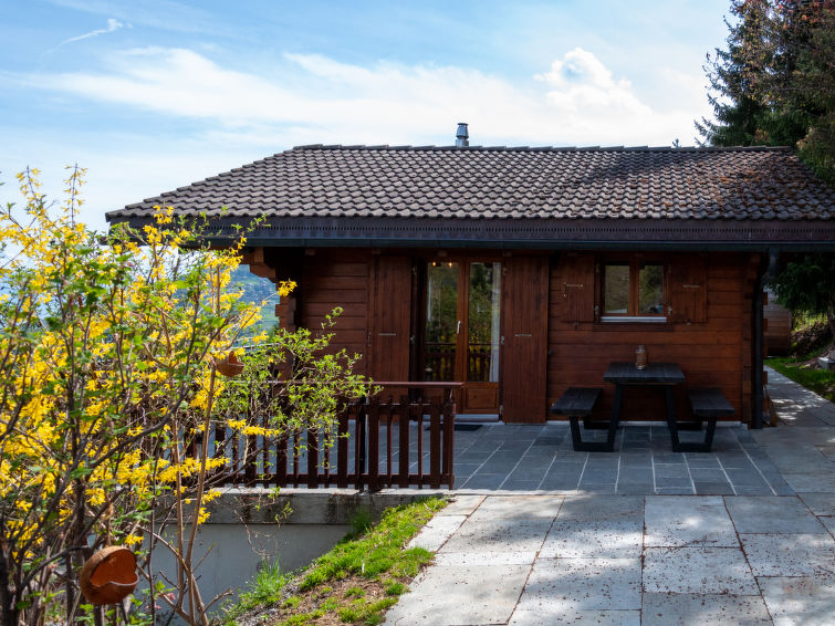 "Dolce Cabane", chalet 4-kamers 80 m2, op het noordwesten gelegen. Zeer comfortabel en romantisch ingericht: kleine hal. Woon-/eetkamer met zwedenkachel en Kabel-TV. Uitgang naar het terras, op het oo..