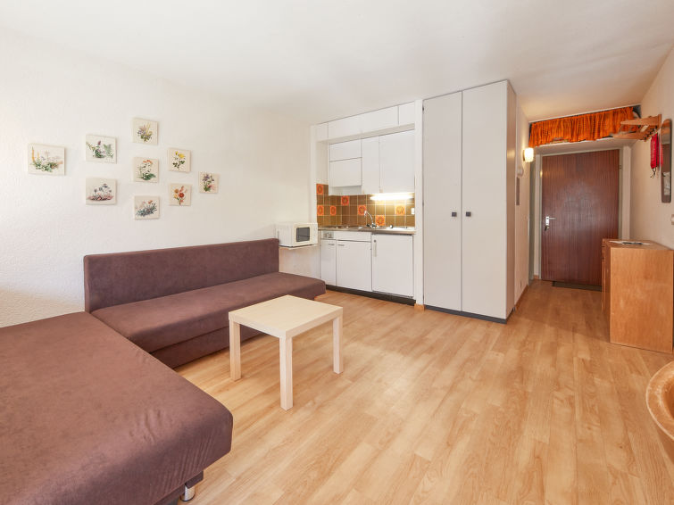 "Combire 104", studio 1-kamer 32 m2 op de 1e verdieping. Eenvoudig en doelmatig ingericht: woon-/slaapkamer met 2 divanbedden (70 cm, lengte 190 cm), TV. Uitgang naar het balkon. Open keuken (2-pits k..