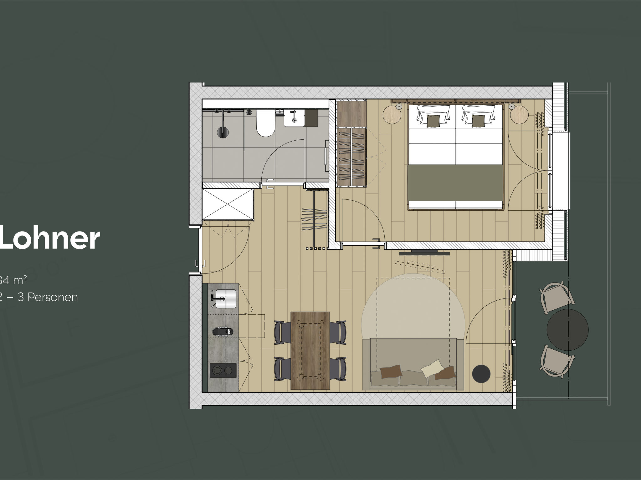 KURVE Apartments & Lounge Appartement/Fewo, Bad, WC, 1 Schlafraum - Binnen