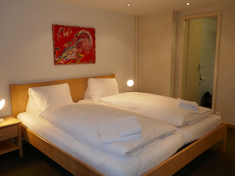 "Schwendihus", appartement 1-kamer 25 m2, op de begane grond, op het zuiden gelegen. Doelmatig en gezellig ingericht: woon-/slaapkamer met 1 2-pers bed (2 x 90 cm, lengte 200 cm), Kabel-TV (Flatscreen..