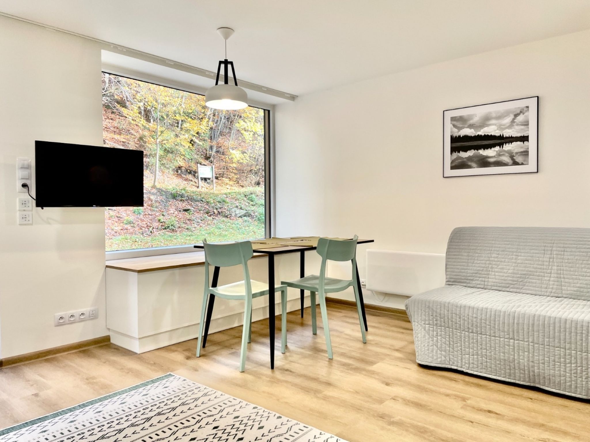 Appartement 1-kamer 32 m2, op de begane grond. Modern en gezellig ingericht: hal. Woon-/slaapkamer met 1 2-pers divanbed, 1 2-pers bed, eettafel en TV. Kookhoek (afwasmachine, 2 keramische glas kookpl..