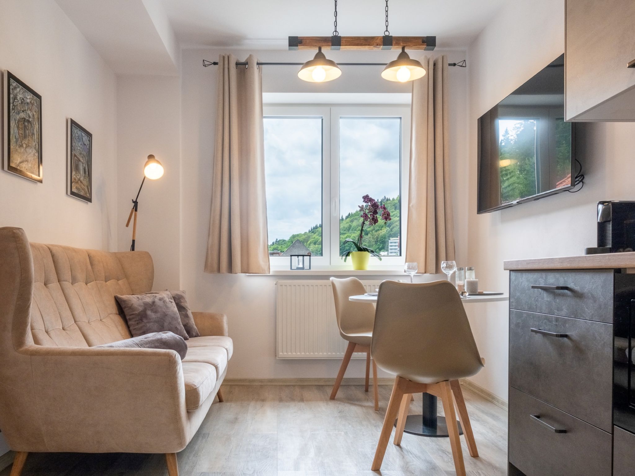 "Miner´s Lodge Mini", appartement 2-kamers 29 m2. Zeer mooi ingericht: woon-/eetkamer met 1 divanbed, eettafel en TV (Flatscreen TV). 1 2-pers. kamer. Kookhoek (oven, afwasmachine, 2 inductiekookplat..