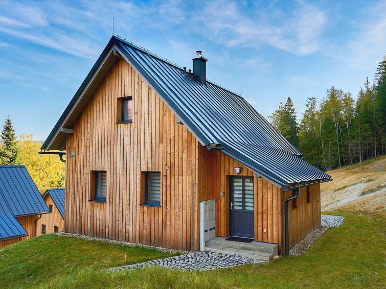 3-Zimmer-Haus. Grosses Wohnzimmer mit Schwedenofen, Esstisch, Sat-TV und Stereoanlage. Ausgang zur Terrasse. Kochnische (Geschirrspüler, 4 Glaskeramikherd Platten, Toaster, Wasserkocher, Tiefkühler,..