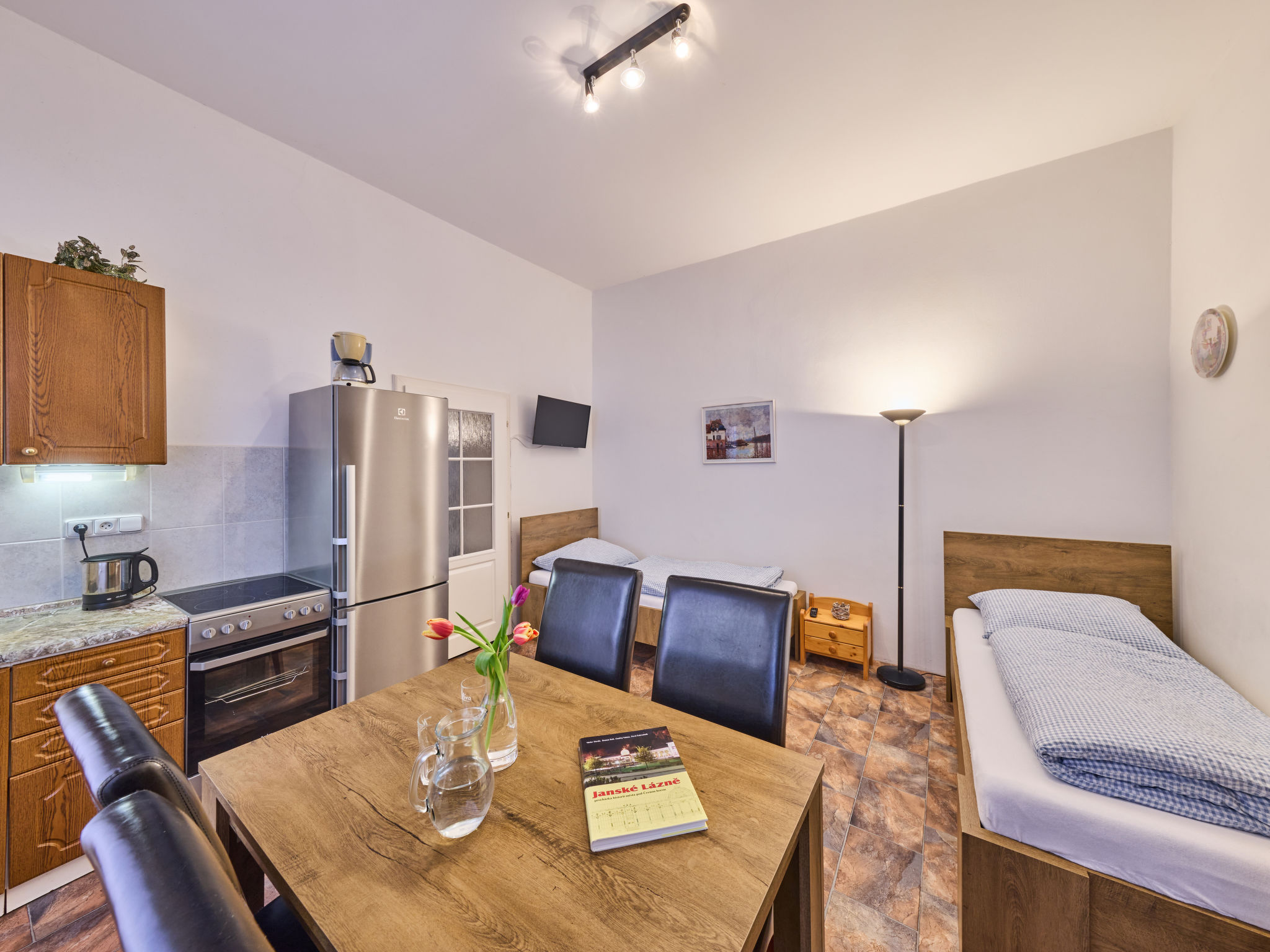 Appartement 2-kamers op de 1e verdieping. Licht, mooi ingericht: 1 kamer met 1 2-pers bed en TV. Keuken (oven, 4 keramische glas kookplaten, elektrische koffiemachine) met 2 bedden en TV. Douche/WC. T..