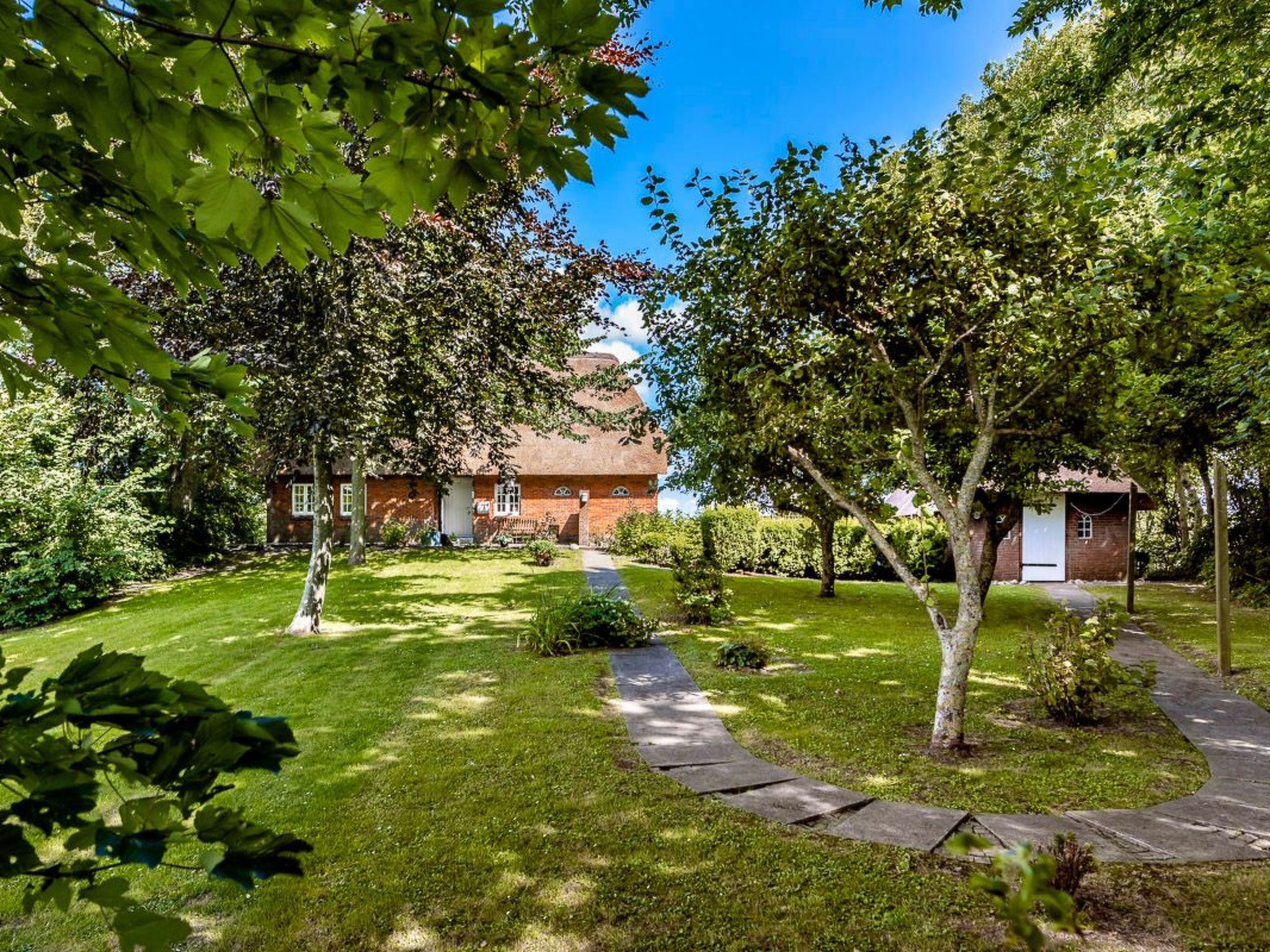 Reetdachhaus inmitten von Wiesen und Feldern-Binnen