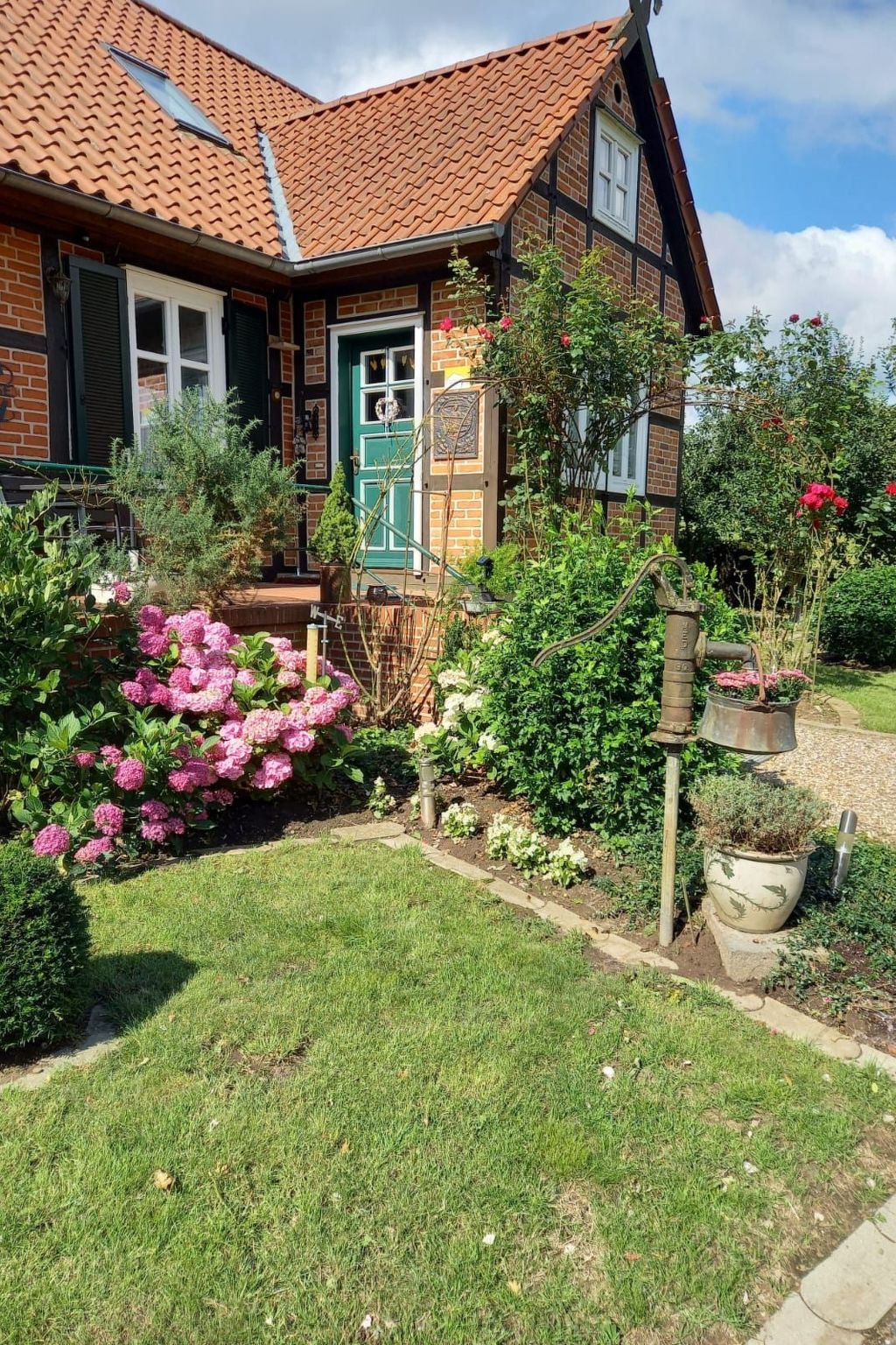 Haus Elbrose inmitten von Rosen mit Elbdeichzugang-Binnen