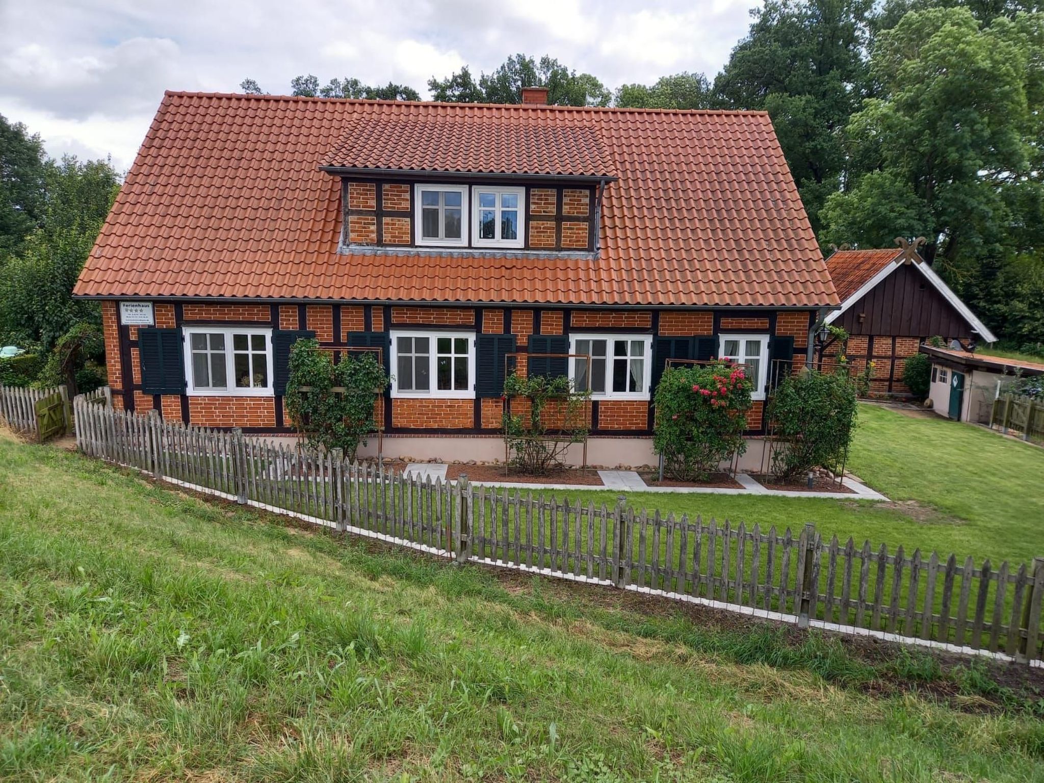 Haus Elbrose inmitten von Rosen mit Elbdeichzugang-Binnen