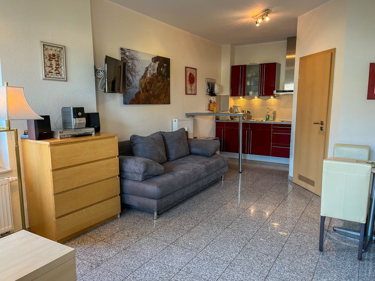 "Rudolph", appartement 1-kamer 39 m2, op de begane grond. Modern en smaakvol ingericht: woon-/eetkamer met 2 divanbedden, eettafel en Kabel-TV (Flatscreen TV), radio. Uitgang naar het terras. Kookhoek..