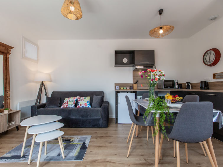 Studio 1-kamer 26 m2 op de 2e verdieping. Modern en gezellig ingericht: woon-/eetkamer met 1 2-pers divanbed (140 cm, lengte 190 cm), TV (Flatscreen TV). Uitgang naar het balkon. Open keuken (oven, 2 ..