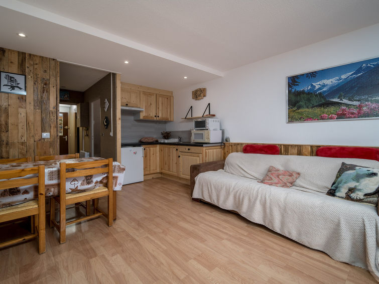 "Les Marmottes", studio 1-kamer 27 m2, op de begane grond. Het objekt is geschikt voor 4 volwassenen. Woonkamer met 1 divanbed en 1 x 1 stapelbedden, 1 uitschuifbaar bed, TV en DVD. Open keuken (2-pit..
