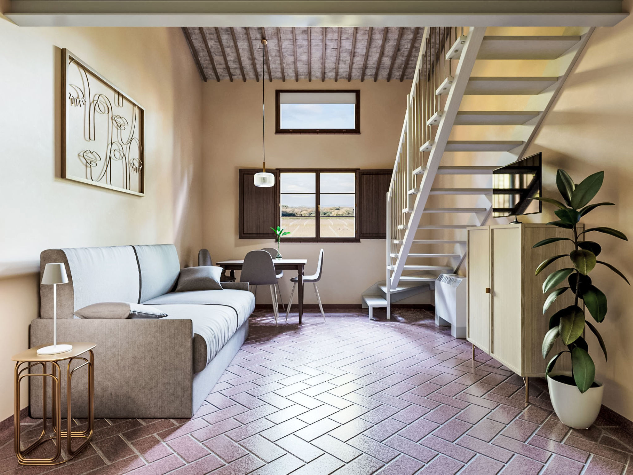 Appartement 2-kamers 50 m2 op 2 verdiepingen op de 1e verdieping. Gerenoveerd in 2026, mooi en stijlvol ingericht: Bovenverdieping: (buitentrap) woon-/slaapkamer met 1 divanbed (160 cm), eettafel, koo..
