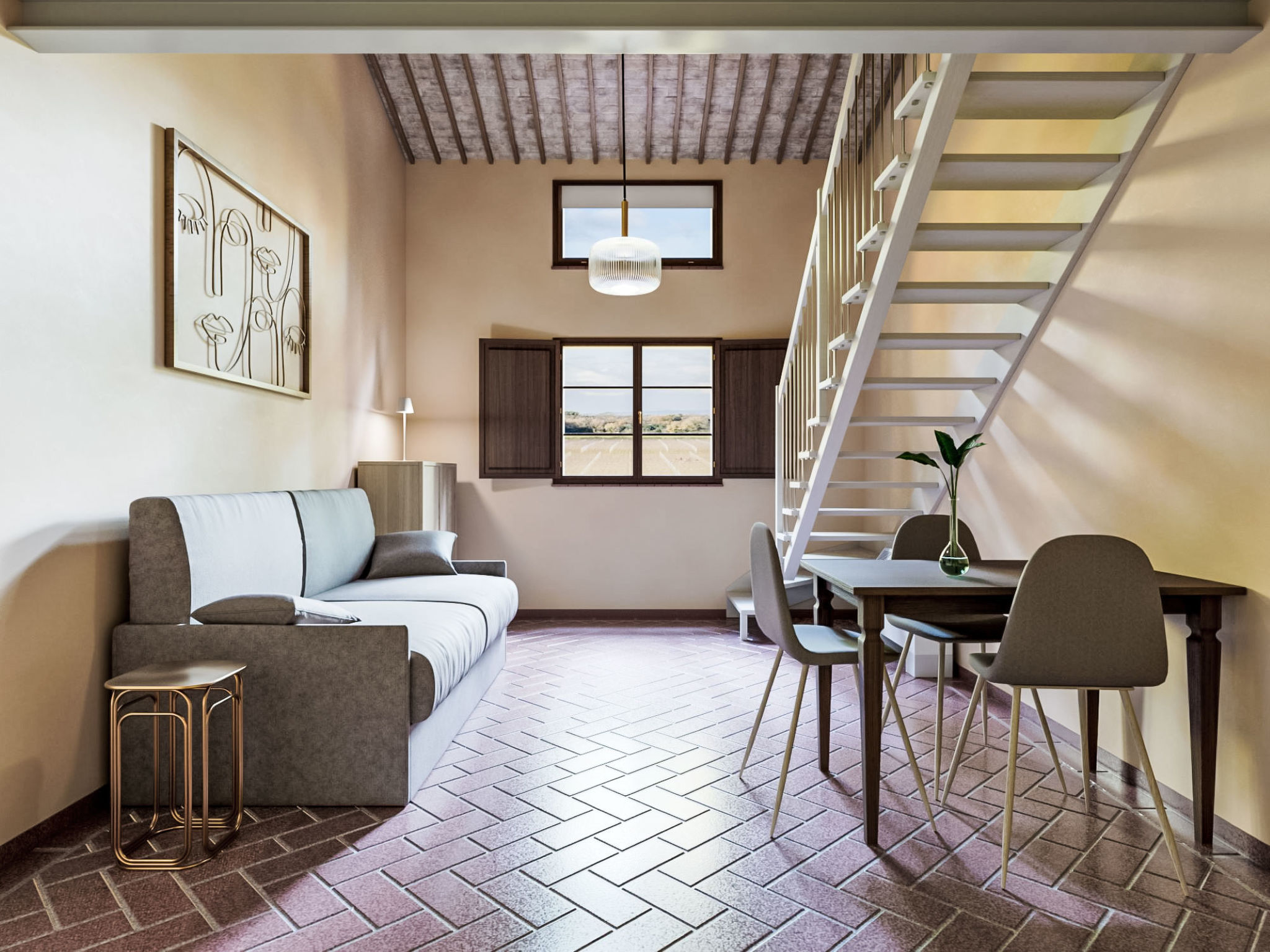 Appartement 2-kamers 50 m2 op 2 verdiepingen op de 1e verdieping. Gerenoveerd in 2026, mooi en stijlvol ingericht: Bovenverdieping: (buitentrap) woon-/slaapkamer met 1 divanbed (160 cm), eettafel, koo..